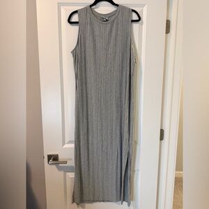 Gray Ribbed Sleeveless Maxi Dress Side Slit Tank Long Stretch Large 90s Lounge